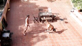 Public. Couple Playing and Fucking in the Courtyard, outside