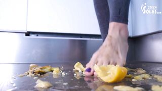 Crushing fruits under her sexy bare feet, POV (food crushing, POV trample, bare feet, POV feet)