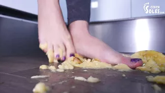 Crushing fruits under her sexy bare feet, POV (food crushing, POV trample, bare feet, POV feet)