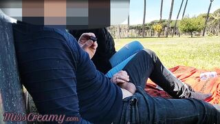 French Teacher Handjob Amateur on public park to student with Cumshot - MissCreamy