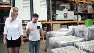 A sexy, nympho big titted french milf is giving her ass to an applicant right in the middle of the warehouse.