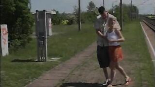This perverted slut gets her shaved pussy banged in public by her boyfriend