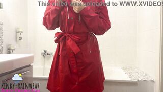 I show him my new red raincoat and he fucks me in the shower and cums on my coat Teaser