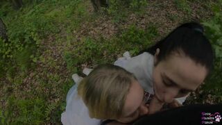 Two Girlfriends Suck Cock in the Woods - Threesome Outdoor Blowjob - Public POV