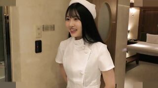 Uncensored, amateur with big breasts. She is a Japanese beauty with black hair. Nurse cosplay fair and shaved sex