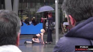 PUBLIC DISGRACE - Public perverted naked slut seduced by BDSM lady outdoor