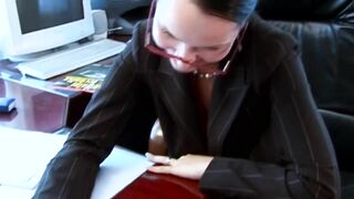 Round titted secretary gets her shaved muff banged in the office