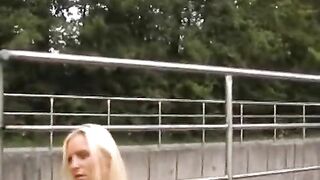 Two sexy blonde sluts from Germany sharing a long pecker in public