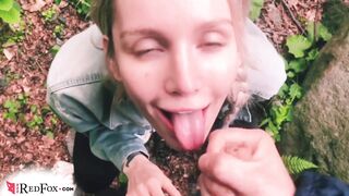 Beautiful Girl Sensual Blowjob Lover in the Wood - Cum Swallow