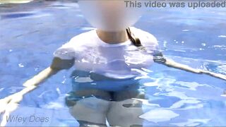 Amazing hot wife in Wet T-shirt in the hotel Pool | Risky public exhibitionist