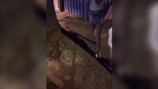 Hot married woman giving to two strangers on a deserted street after leaving a party