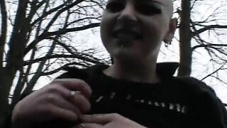 Bald German teen showing off her beautiful pierced pussy