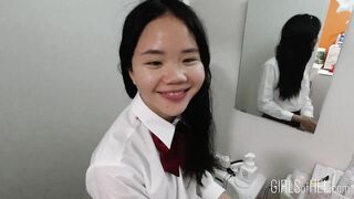 POV cute 18yo Japanese schoolgirl gets a huge facial after she sucks her stepdads dick to thank him for her new phone