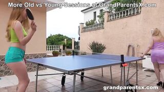 Voyeur Grandpa Wanks while Granny and Stepgranddaughter play table tennis