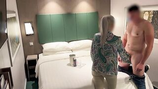 I call the girl at the hotel reception to bring me a soda and she helps me finish by giving me a blowjob until I cum