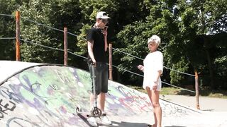 Hot old tattooed slut fucking a rough young skateboarder (Kathy White)