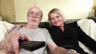 Blonde posh cougar in group sex while grandpa watches