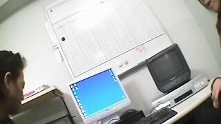 Slobbering on a dong in kinky voyeur office sex video