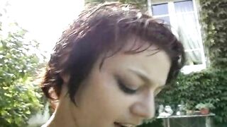 Slender French girl swallowing cum at the backyard