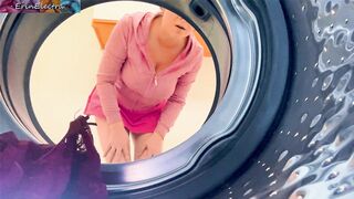 Stepmom stuck in the washing machine takes it in both holes to keep it a secret