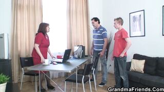 Two guys bang old office mature boss