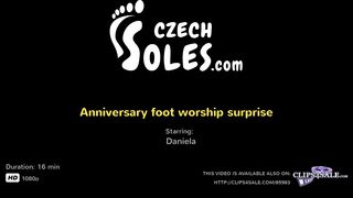 Anniversary foot worship surprise (foot worship, bare feet, long toes, candid feet under table)