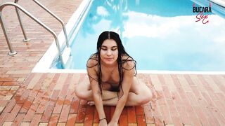 Colombian whore masturbates on the edge of her boss's pool