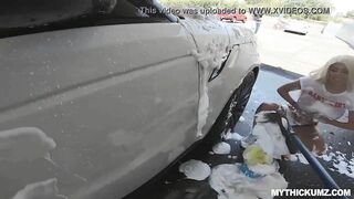 Curvy blonde Latina washes her car and gets wet to pick up a stranger