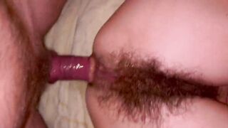 Slim super hairy MILF does anal and squirts a lot