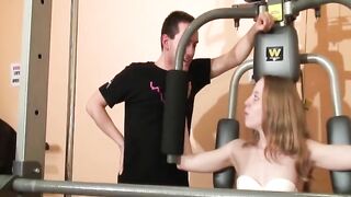 Beautiful French babe gets fucked by two dudes at the gym