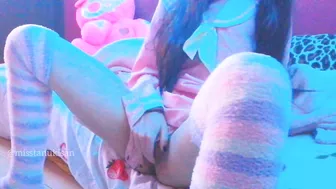 Kawaii Asian girl touching her pussy and humping pillow when parents are home loud moaning