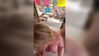Blowjob in exhibition in a naturist campsite in France: Agathe sucks naked and cums in mouth