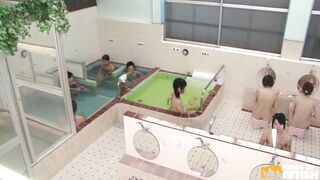 Sexy Japanese girls take a bath into a public place and get touched by a dirty man