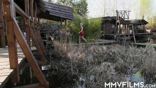 Skinny bitch gets fat cock outdoors