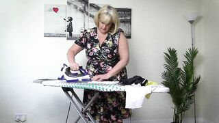 Horny stepmom in stockings ironing her panties, takes a break and fingers her wet pussy