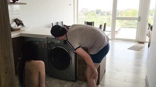 His stepsister needs help with the washing machine, he helps her undress and fucks her Tight jeans