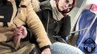 Handjob fast with cumming in the mouth between train seats