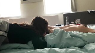 I wake him up by a rimming blowjob & creampie with my hot friend