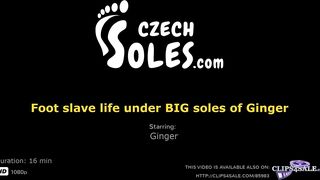 Foot slave life under BIG soles of Ginger (big feet, bare feet, foot domination, femdom, trampling)