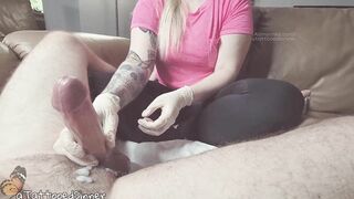 Girl Uses Gloves to Make Man Cum Without Pleasure