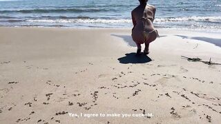 Slut makes fun of her husband on the beach