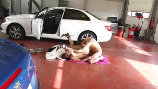 Couple Fucks at the Mechanic and the Owner Gives Him a Blowjob