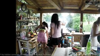 No Panties Mini Skirt Short Skirts Barbeque Party with Hot Tight Shaved Pussy Girls Outdoors