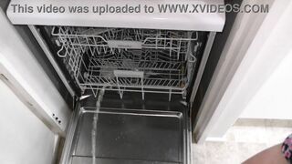 Trashy MILF drinks spare piss as her Dom pisses in the dishwasher