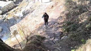 Fuck in forest at waterfall