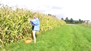 Wild lady from Germany adores stuffing a big piece of corn in her muff