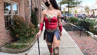 Wonder Woman patrolling the streets, flashing her pussy and tits, and cutting off her costume!