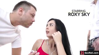Petite Roxy Sky sucking two big cocks and gets dp fucked (Willy Regal)