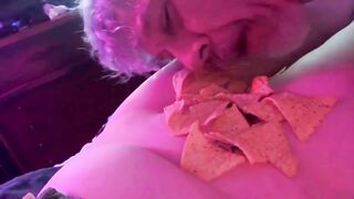 Giggly Submissive "human Plate" Serves Ham and Cheese Sandwich to Dom, on Tits and Pussy