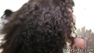 Curly-haired ebony Mia Austin sucks and rides white cock inside gloryhole